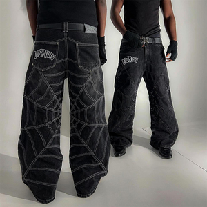 DiZNEW Jeans Larghi da Uomo Taglie Forti con Stampa Personalizzata Motivo a Ragnatela Jeans Hip Hop Pesanti Neri - Product Image 1