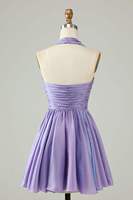 Robe Courte de Soirée Plissée en Satin Métallisé Lavande à Col Halter Sans Manches Coupe Trapèze Mini pour Cocktail et Fêtes - Ocstrade Fashion