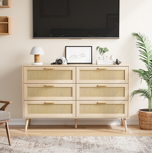 Modern European Rattan <b>6</b>-<b>Drawer</b> Chest of Dressers for Bedroom Eco-Friendly & Durable Solid Oak Handles - Product Image 4