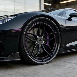 Ruedas SenYao <span class=keywords><strong>de</strong></span> 2 piezas forjadas en 6061-T6, color negro mate con borde <span class=keywords><strong>de</strong></span> fibra <span class=keywords><strong>de</strong></span> carbono y tornillos morados para SUVs <span class=keywords><strong>de</strong></span> lujo, tamaño personalizado, PCD y offset. - Product Image 1