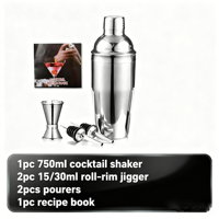 Ensemble de cocktails 750 ml, ensemble de shaker à cocktails avec jigger à bord roulé, verseurs, livre de recettes, 5 pièces, accessoire de bar à domicile, shaker à martini de 24 oz