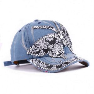 Wholesale Stylish Washed Denim 5-Panel Butterfly Rhinestone Bling Fancy Breathable Comfort Customizable Baseball Cap for Women - Product Image 4