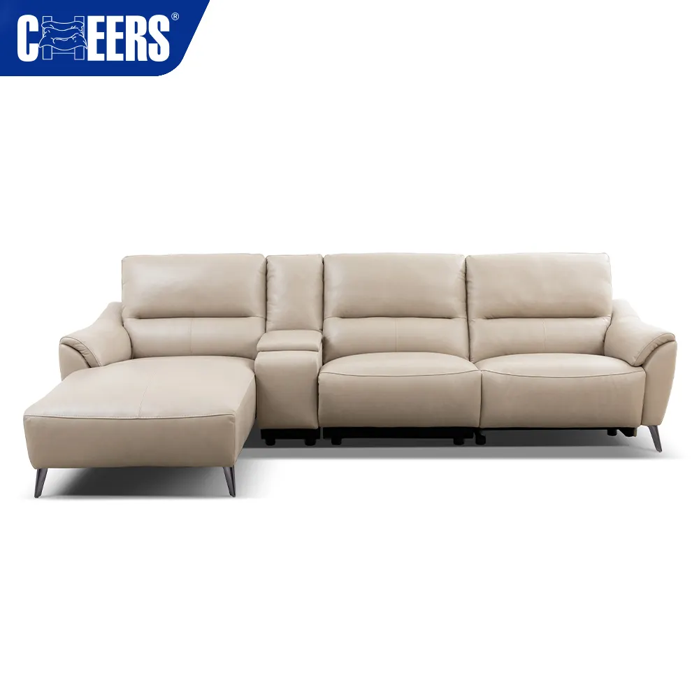 MANWAH CHEERS Leather Power Reclining Living Room Sofa 3-Seater Luxury Sofa with Chaise and Cup Holder for Living Room