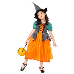 Costume de petite sorcière, robe orange avec chapeau pour filles de 8 à 13 ans, robe de spectacle de cosplay d'Halloween en fibre de polyester - Product Image 1