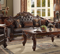 Canapés sectionnels en bois sculpté de style victorien, couleur foncée, cuir véritable, meubles de salon