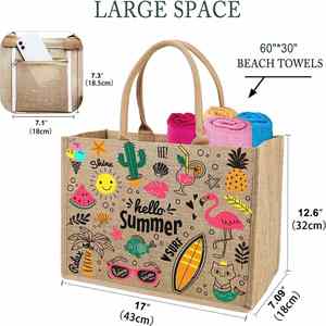 Sac cadeau en toile de jute avec poche intérieure zippée, sac de plage en jute, sac fourre-tout pour le shopping - Product Image 2