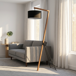 Modern Iron Bamboo Tripod Floor Lamp Cylindrical Black Fabric Shade Adjustable Height LED <b>Light</b> for <b>Indoor</b> Living Room Decor - Product Image 5