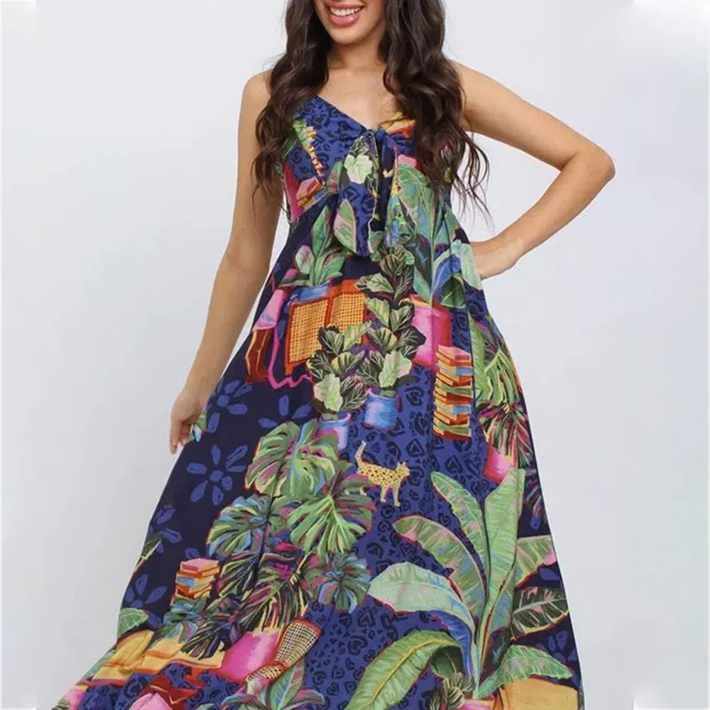 Latest Design Elegant Chic Leaf Print Women Ruffle Hem Deep V Neck Bow Big Flower Beach Floor Long Dress Summer 2023