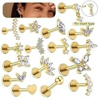 Boucles d'oreilles en acier inoxydable et cuivre, à enfiler, pour cartilage, avec cœur, fleur et zircon cubique, pour piercing hélix et tragus, bijoux pour femmes, vente en gros