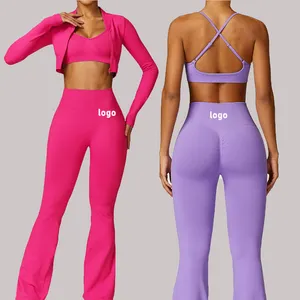 OEM Seamless spandex full zipper yoga crop top adjustable strap sports bra high waist booty push up yoga flare pants leggings