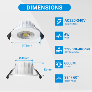 Mini Lámpara <span class=keywords><strong>LED</strong></span> COB Empotrable en Techo, Estándar Europeo, 6W, 220-240V, Alto CRI≥80, <span class=keywords><strong>para</strong></span> <span class=keywords><strong>Cocina</strong></span>, Regulable, Superventas - Product Image 2