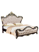 Lit double de style européen en bois massif et cuir pleine fleur, design néoclassique luxueux, avec espace de rangement et dossier souple