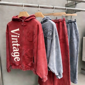 Wholesale Autumn 500GSM Heavyweight French Terry 100% Cotton Print Sun Faded Acid Wash Vintage Boxy Fit Men Hoodie Set - Product Image 1