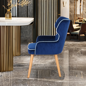 Nordic <strong>Blue</strong> Velvet Dining Chair with <strong>Light</strong> Wood Legs Upholstered Accent <strong>Armchair</strong> with White Piping for Home Restaurant Hotel - Product Image 3