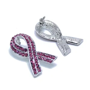 broche para mujer de la cinta Suppliers-Broche rosa con diseño de cáncer de pecho para mujer, insignia de Metal con diamantes de imitación, broche de aleación de Zinc con broche de cristal, color rojo, regalo de solapa