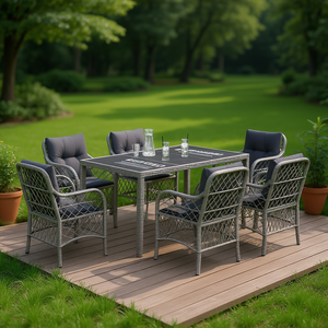 Set da pranzo da giardino in rattan grigio a 7 pezzi con 6 sedie, mobili da esterno resistenti alle intemperie, design contemporaneo - Product Image 2