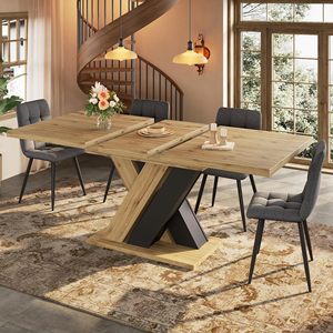 Table à manger extensible moderne SENYU en bois, rectangulaire, 6 places, pieds en métal noir, meubles pour la maison - Product Image 1