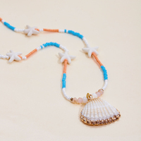 Collier superposable ajustable d'été pour femme en acier inoxydable avec pendentif étoile de mer en pierre précieuse naturelle créée en laboratoire et perles colorées