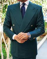 Custom Made Green 2 buah tuksedo pengantin pria, dua kancing puncak kerah pengiring pengantin pria setelan pernikahan Blazer (jaket + celana)