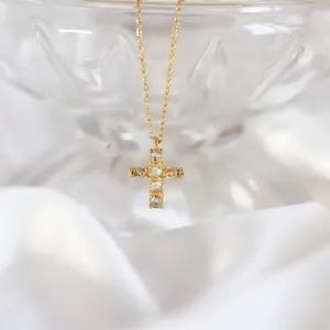 MICCI Wholesale 18k gold plated Stainless steel Jewelry Women's Small Zirconia Diamond Jesus Cross Pendant Necklace for Women