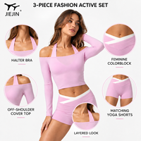 Ensemble de yoga 3 pièces JIEJIN OEM respirant, doux, compressif, sculptant, avec haut cache-épaules pour femmes