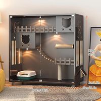 Maison de luxe moderne pour chat, villa intérieure multifonctionnelle pour petits espaces avec roues verrouillables et verre en bois pour chats