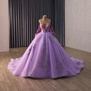 251139 Elegante Vestido de Quinceañera Morado con Escote Corazón, Perlas, Apliques de Cristal y Cuentas, Sin Mangas, Cola Capilla - Product Image 2