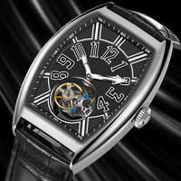 Montre mécanique automatique pour homme PINDU, boîtier en forme de baril, style sportif tendance, bracelet en cuir, étanche, lumineuse.