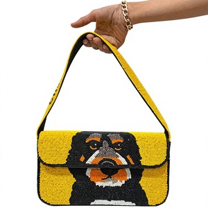 Indian Fully Handcrafted Beaded Bulldog Flap Shoulder <b>Bag</b> Yellow Black Dog Motif <b>Novelty</b> Handbag Satin Lining Magnetic Closure - Product Image 1