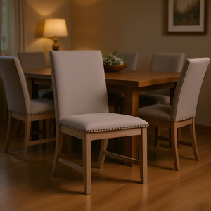 Sedia da Pranzo Imbottita con Finitura a Borchie, Gambe in Legno, Seduta in Tessuto, Stile Transizionale, Arredamento per la Casa - Product Image 2