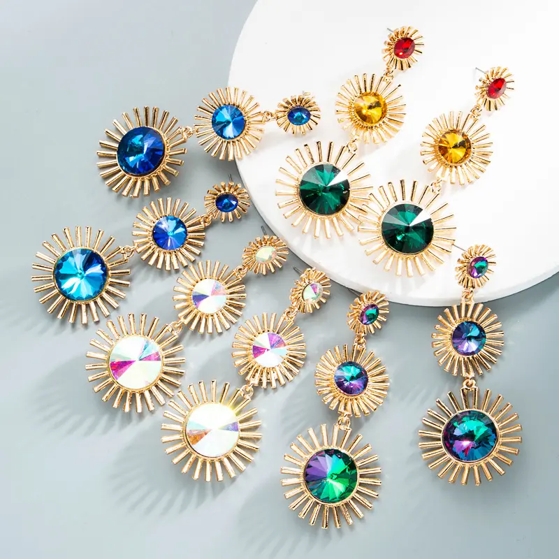 2022 Multi-layer Sunflower Drop Earrings alloy diamond-studded gem fashion tassel sunflower eardrop colorful earrings