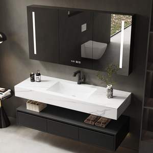 Mueble de baño con lavabo integrado sin juntas de doble capa de losa de roca curvada en caliente, espejo inteligente y almacenamiento. - Product Image 4