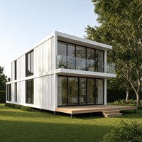 Maison modulaire de style conteneur avec structure en acier, terrasse sur le toit, escalier extérieur et espace de vie ouvert