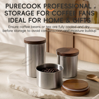 PURECOOK Boîte à café hermétique en acier inoxydable avec couvercle en bois, récipient scellé pour grains de café, thé, épices, rangement de cuisine