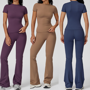 女性用ジョギングウェア2ピースセットtシャツ + フレアパンツ4ウェイストレッチスキニーフィットクイックドライアイス快適スポーツジムヨガセット - Product Image 2