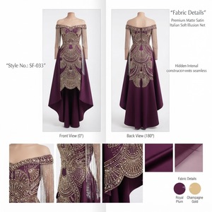 Vestido de Noche de Satén Largo hasta el Suelo con Hombros Descubiertos, Estilo Royal Plum, con Sobrefalda Dramática y Motivo de Abanico, Bordado Dorado, para Gala Formal o Boda - Product Image 3