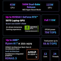 Ordinateur portable de jeu MSI Pulse A16 neuf et authentique, 16/17 pouces, Ryzen AI HX370 RTX5070, 2.5K 240HZ, pour étudiants