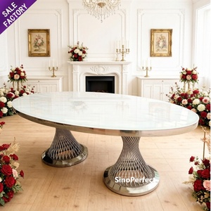 Ensemble de table et de chaises de salle à manger pour mariage, en verre trempé transparent, forme ovale, pieds argentés en acier inoxydable, location de mariage - Product Image 1