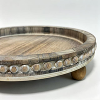 Plateau de service rond en bois avec perles, plateau décoratif rustique en bois pour table basse, centre de table, ottoman, plateaux circulaires style ferme