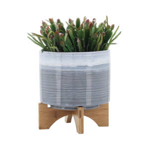 Vaso in ceramica con supporto in legno, moderno vaso in gres per piante da interno ed esterno, vaso rotondo per fiori, decorazione per la casa - Product Image 3