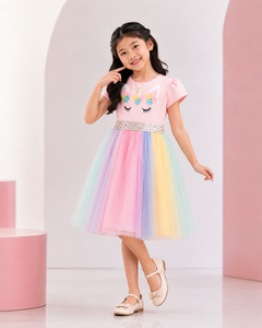 Adorable Vestido de Unicornio para Niñas con Apliques Florales 3D Coloridos, Cinturón Brillante y Falda de Tul Pastel Arcoíris - Product Image 5