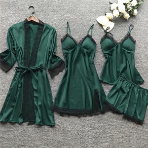 Conjunto de cuatro piezas de talla grande europea y americana con almohadillas para sujetador, camisola sexy, pijama de encaje, bata informal para el hogar, fabricante - Product Image 4