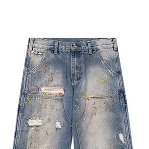 بنطال رجالي عتيق مغسول من القطن والدنيم واسع واسع للركبة المزدوجة مكروه بأضرار مطلية بالكريستال المطرز - Product Image 3