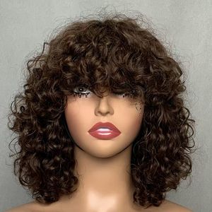 Perruque courte bouclée bob sans colle en <span class=keywords><strong>cheveux</strong></span> brésiliens Remy Water Wave None Lace avec <span class=keywords><strong>frange</strong></span>, densité 200%, fabriquée à la machine, pour femmes - Product Image 1
