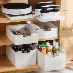 Boîte de rangement coulissante en plastique blanc multi-usage pour armoire de cuisine, tiroir avec rails coulissants pour bouteilles d'épices et - Product Image 2