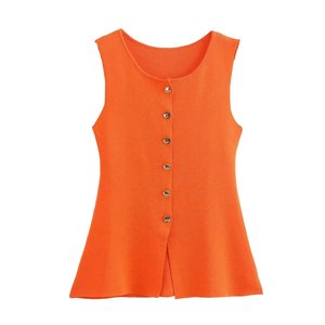 เสื้อกั๊กถักกระดุมแถวเดียวสีทองแบบเรียบง่ายสำหรับผู้หญิงเสื้อแฟชั่น - Product Image 3