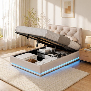 <span class=keywords><strong>Lit</strong></span> plateforme moderne en <span class=keywords><strong>velours</strong></span> <span class=keywords><strong>beige</strong></span> capitonné avec rangement hydraulique et éclairage LED, taille double, pour chambre à coucher - Product Image 5