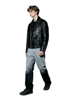 Blouson Biker Vintage Épais en Spandex/Coton, Effet Usé, Délavé Soleil, Motif Streetwear Flammé, Automne