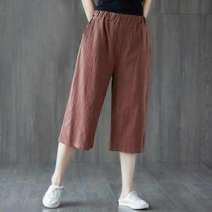 Pantalon large 7/8 taille haute en mélange coton-lin, fin et respirant, décontracté pour femme, coupe droite ample, style estival - Product Image 4