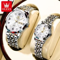 Montre à quartz OLEVS 9970 pour couple, étanche, en acier inoxydable, avec aiguilles lumineuses, montre de luxe pour amoureux, classique, pour homme et femme, avec date et jour